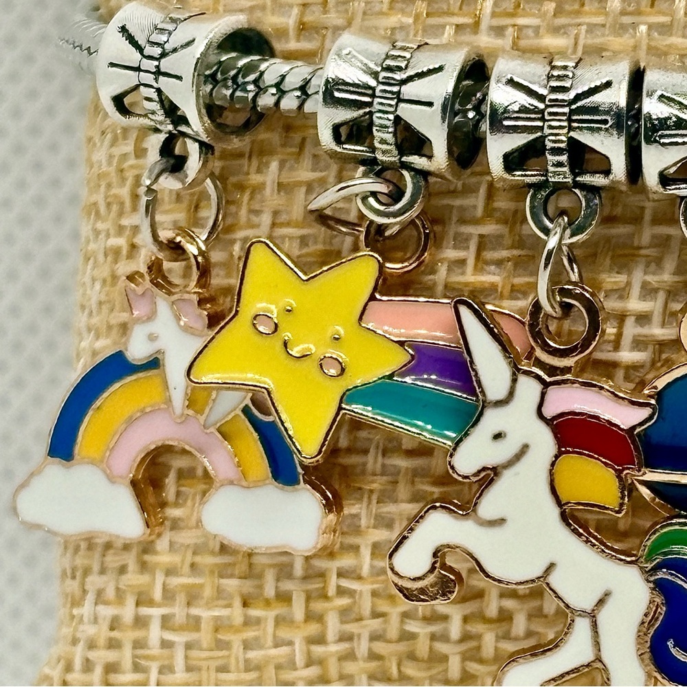 Kawaii Unicorn Rainbow Charm Pandora Style Bracelet, Colorful Enamel Charms, Y2K - Picture 4 of 16